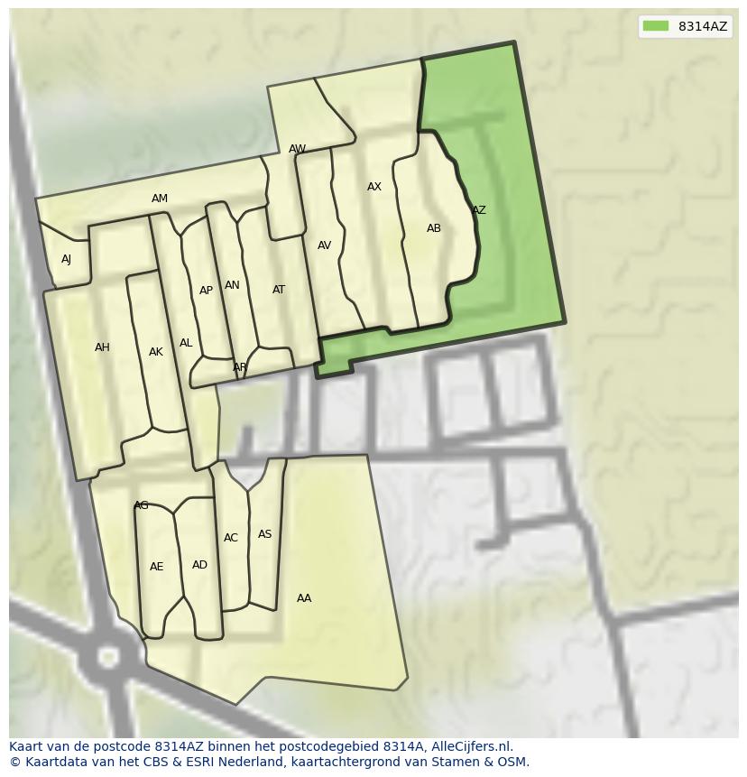 Afbeelding van het postcodegebied 8314 AZ op de kaart.