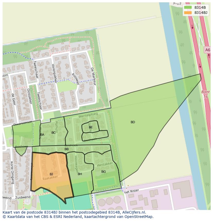 Afbeelding van het postcodegebied 8314 BJ op de kaart.