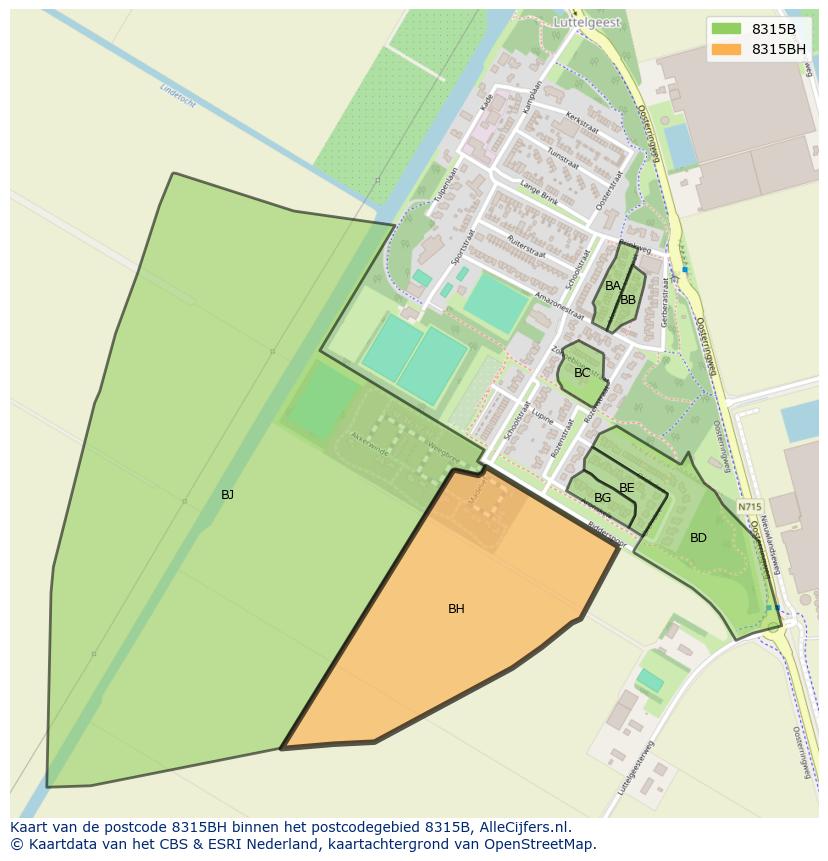 Afbeelding van het postcodegebied 8315 BH op de kaart.