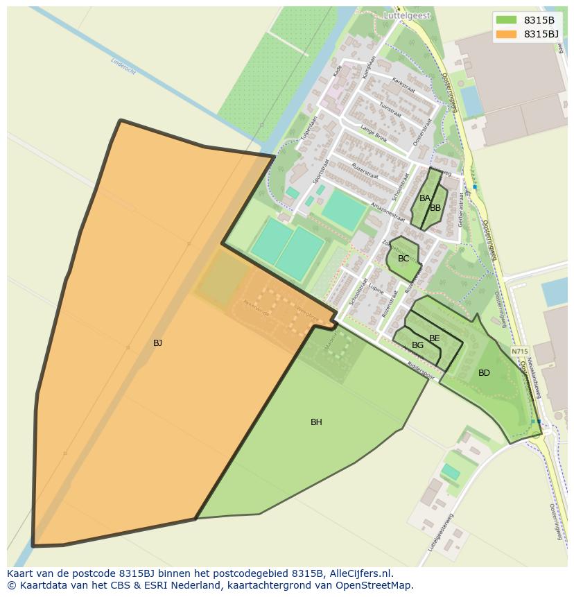 Afbeelding van het postcodegebied 8315 BJ op de kaart.