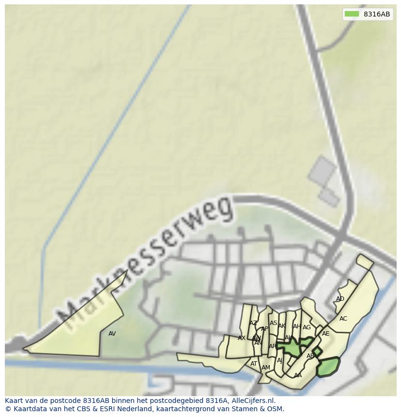 Afbeelding van het postcodegebied 8316 AB op de kaart.