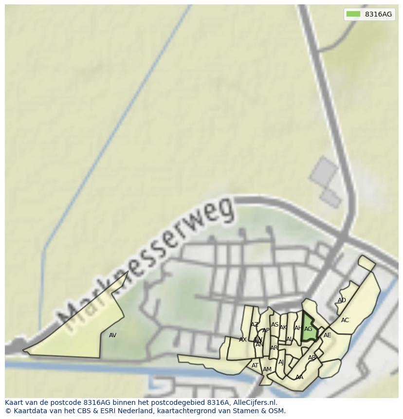 Afbeelding van het postcodegebied 8316 AG op de kaart.