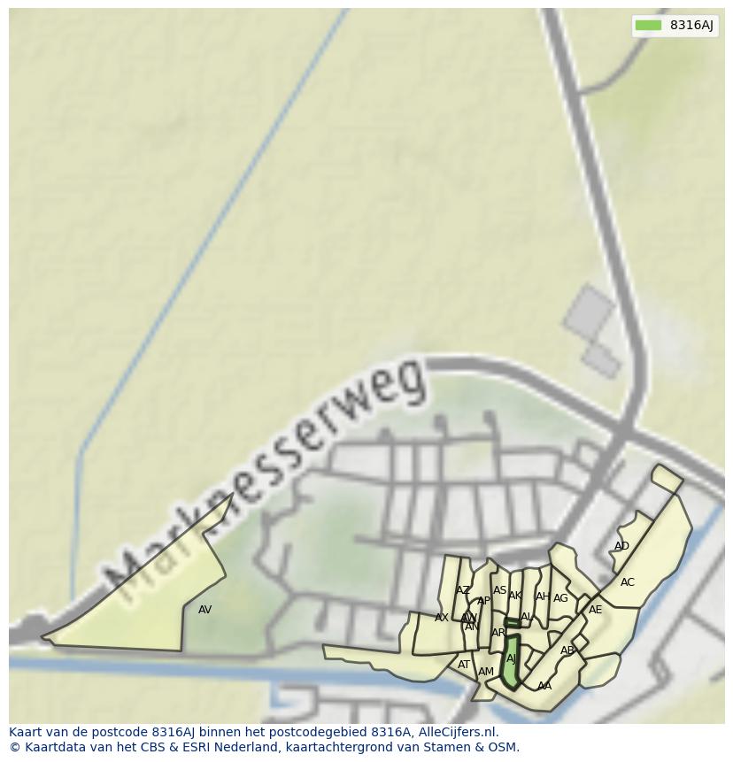 Afbeelding van het postcodegebied 8316 AJ op de kaart.