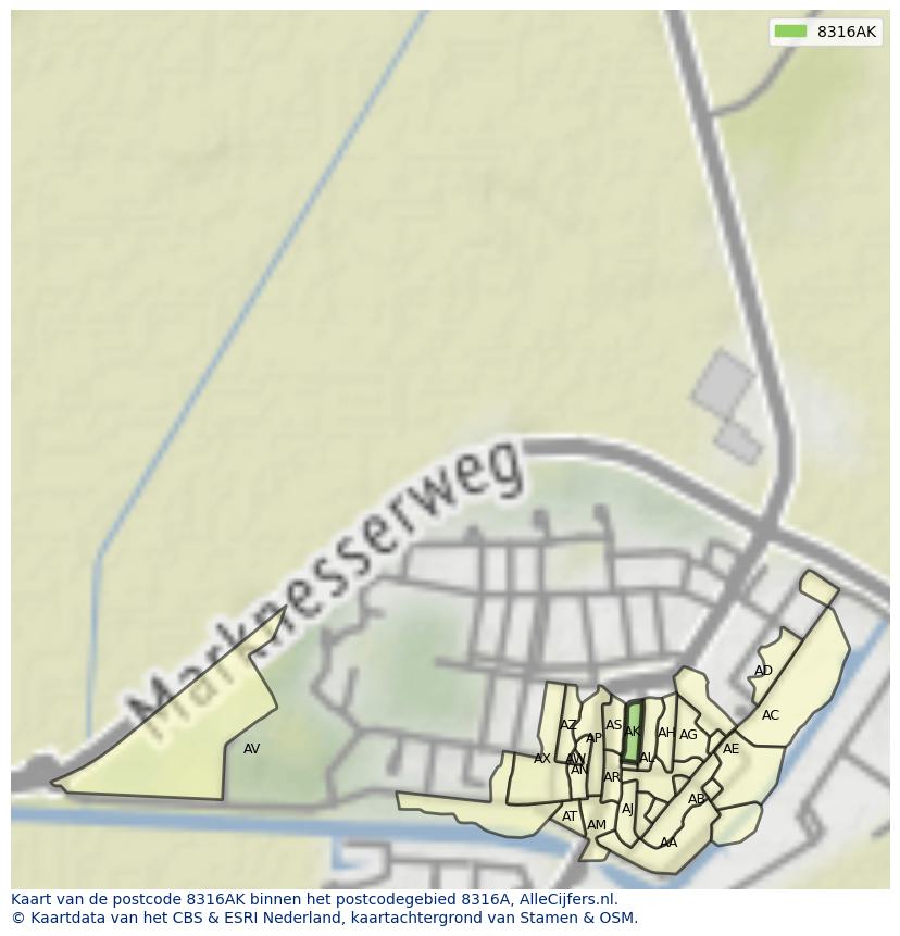 Afbeelding van het postcodegebied 8316 AK op de kaart.