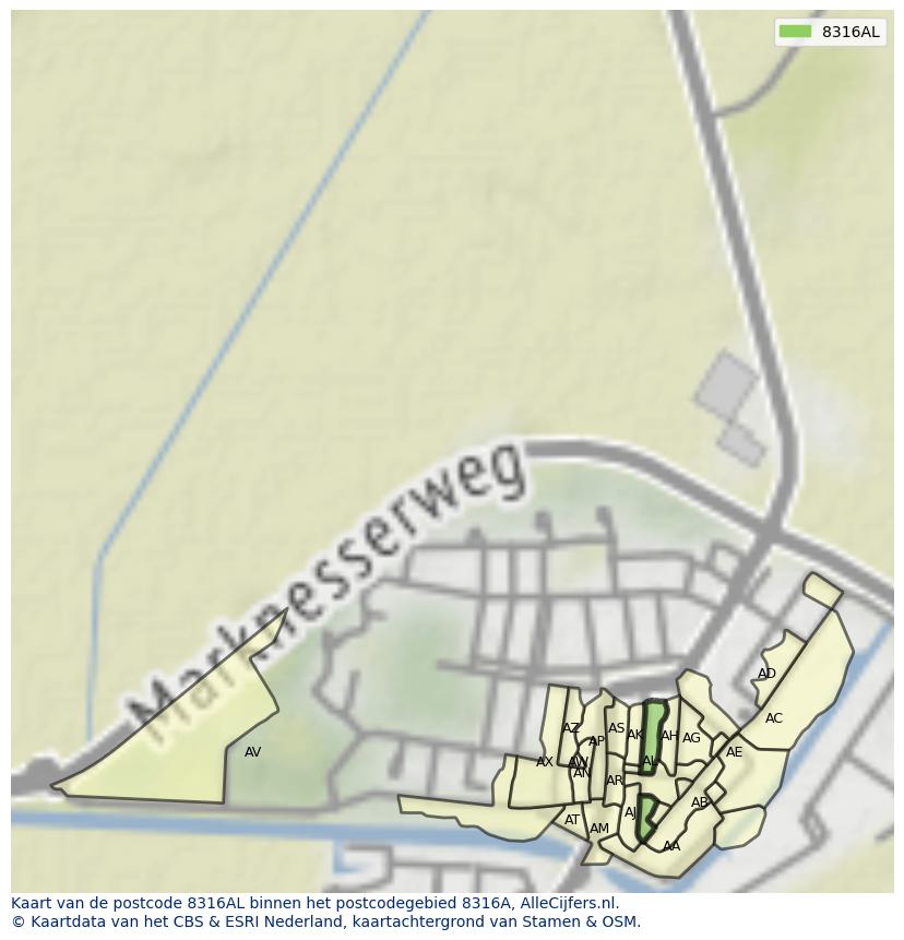 Afbeelding van het postcodegebied 8316 AL op de kaart.