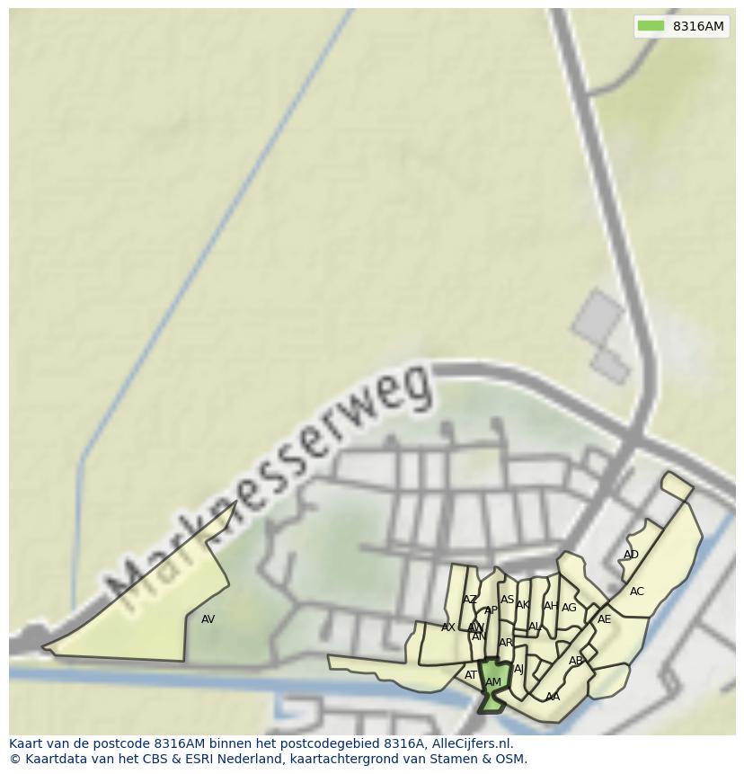 Afbeelding van het postcodegebied 8316 AM op de kaart.
