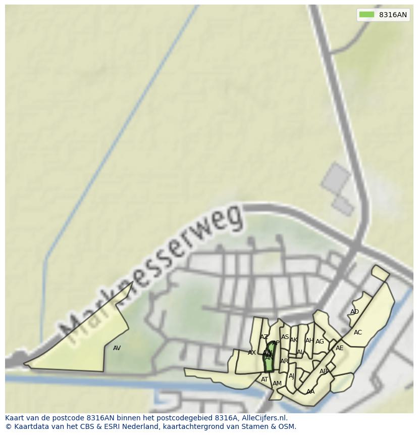 Afbeelding van het postcodegebied 8316 AN op de kaart.