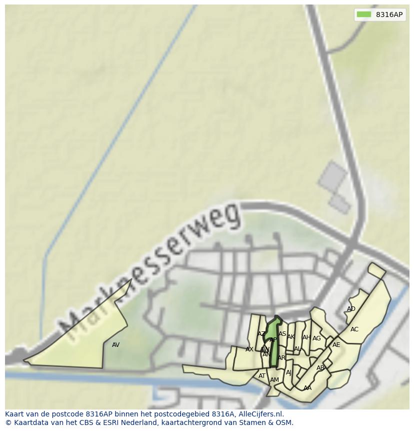 Afbeelding van het postcodegebied 8316 AP op de kaart.