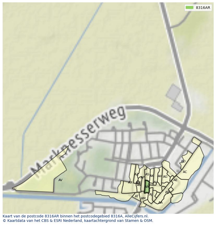 Afbeelding van het postcodegebied 8316 AR op de kaart.