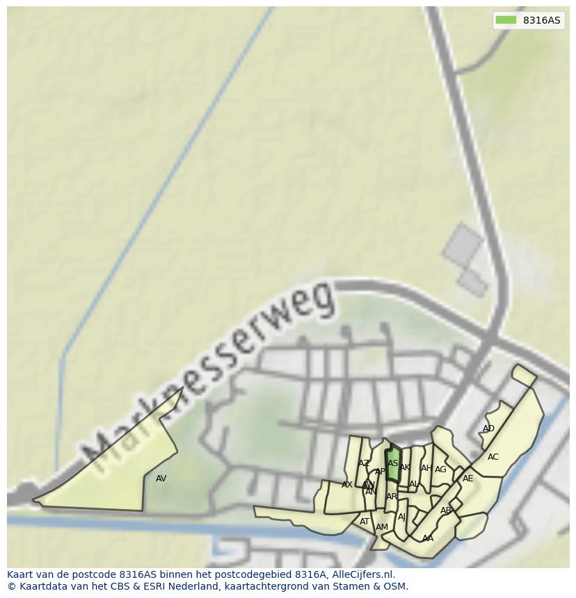 Afbeelding van het postcodegebied 8316 AS op de kaart.