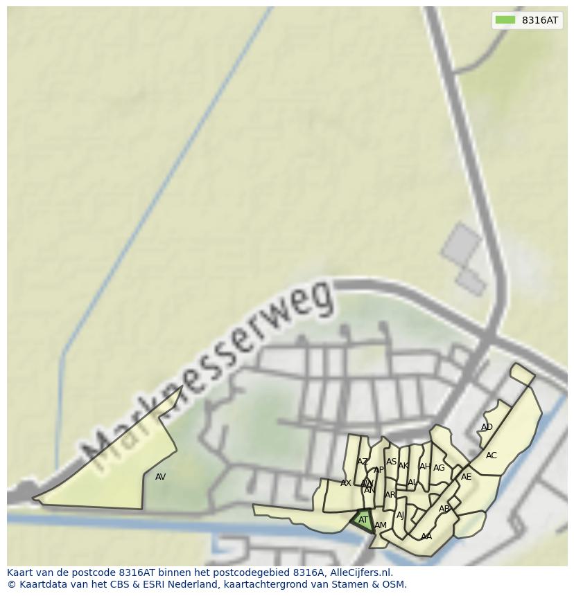 Afbeelding van het postcodegebied 8316 AT op de kaart.