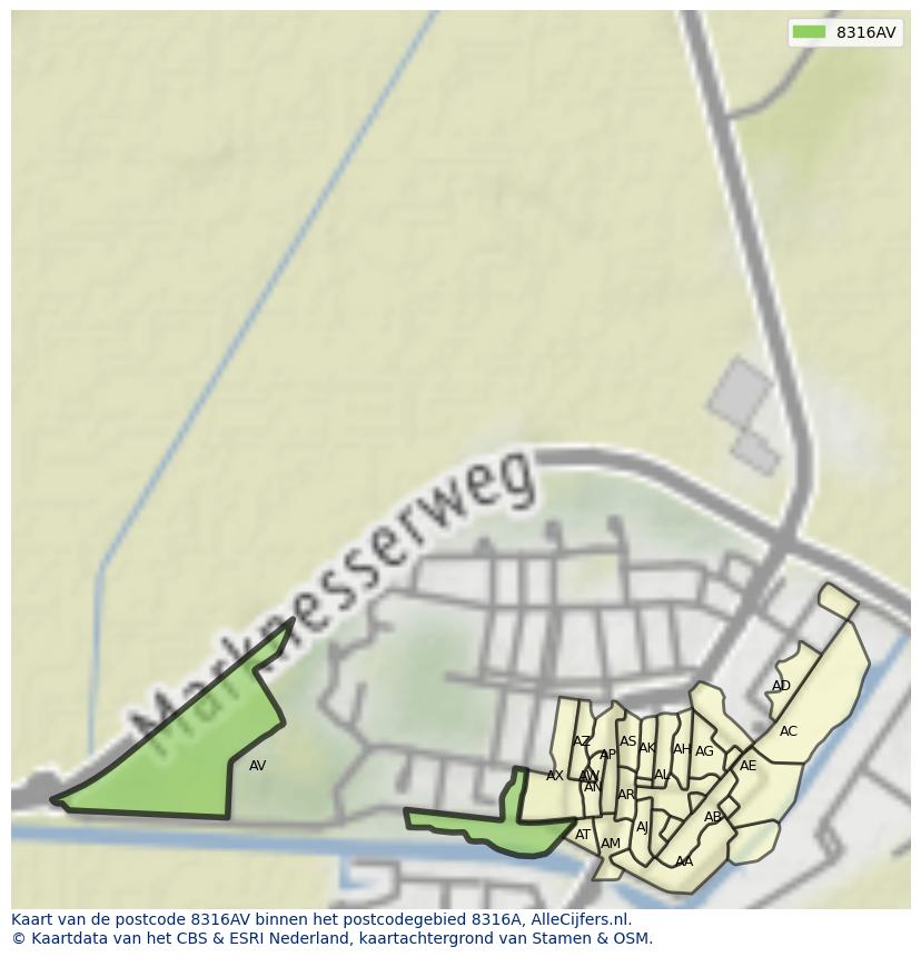 Afbeelding van het postcodegebied 8316 AV op de kaart.