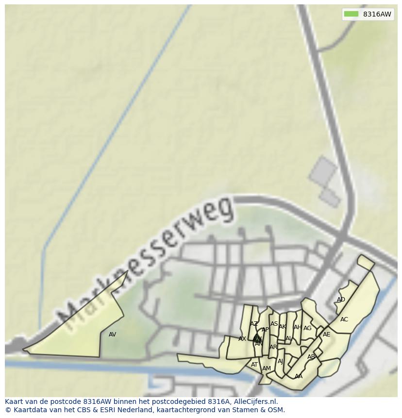 Afbeelding van het postcodegebied 8316 AW op de kaart.