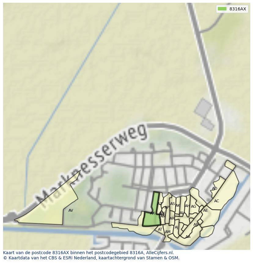 Afbeelding van het postcodegebied 8316 AX op de kaart.