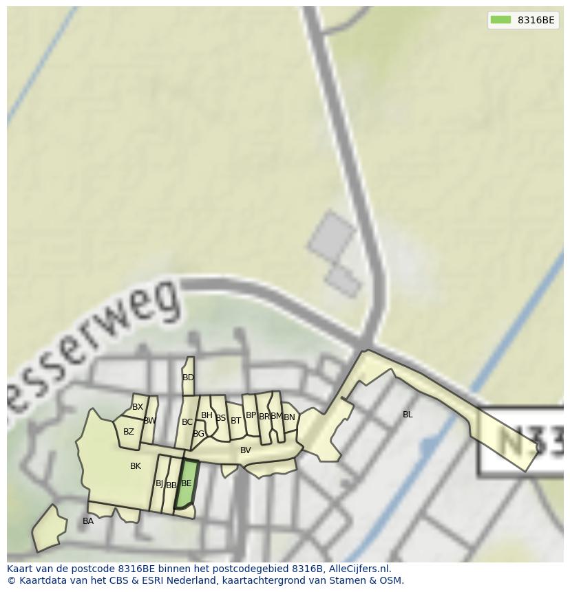Afbeelding van het postcodegebied 8316 BE op de kaart.