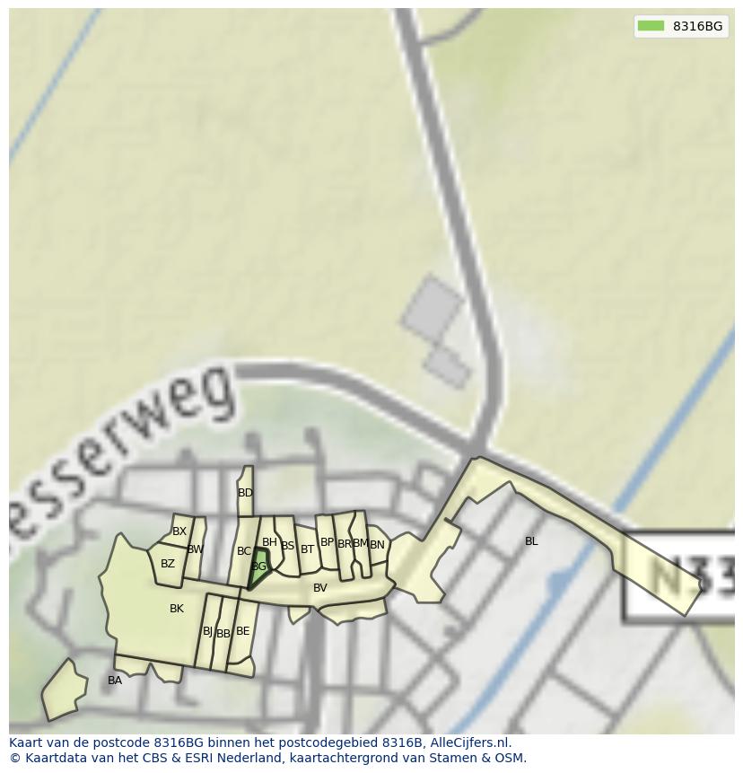 Afbeelding van het postcodegebied 8316 BG op de kaart.