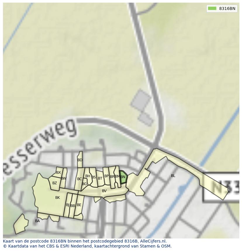 Afbeelding van het postcodegebied 8316 BN op de kaart.