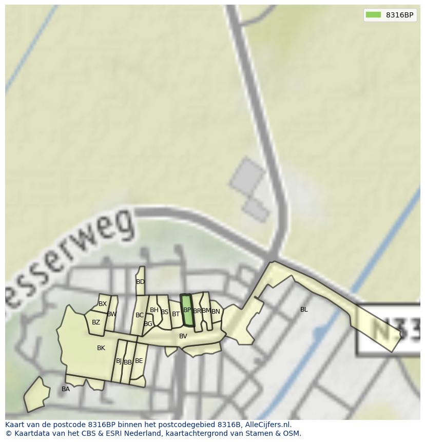 Afbeelding van het postcodegebied 8316 BP op de kaart.