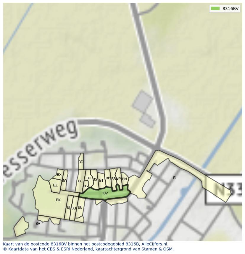 Afbeelding van het postcodegebied 8316 BV op de kaart.