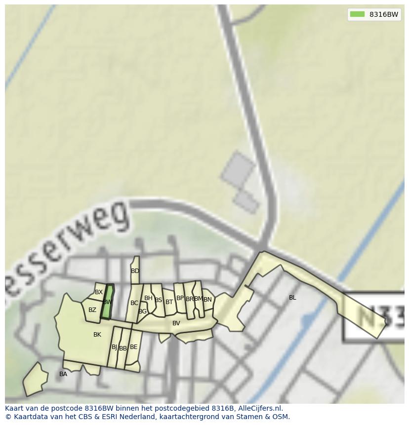 Afbeelding van het postcodegebied 8316 BW op de kaart.
