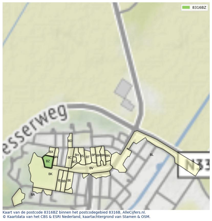 Afbeelding van het postcodegebied 8316 BZ op de kaart.