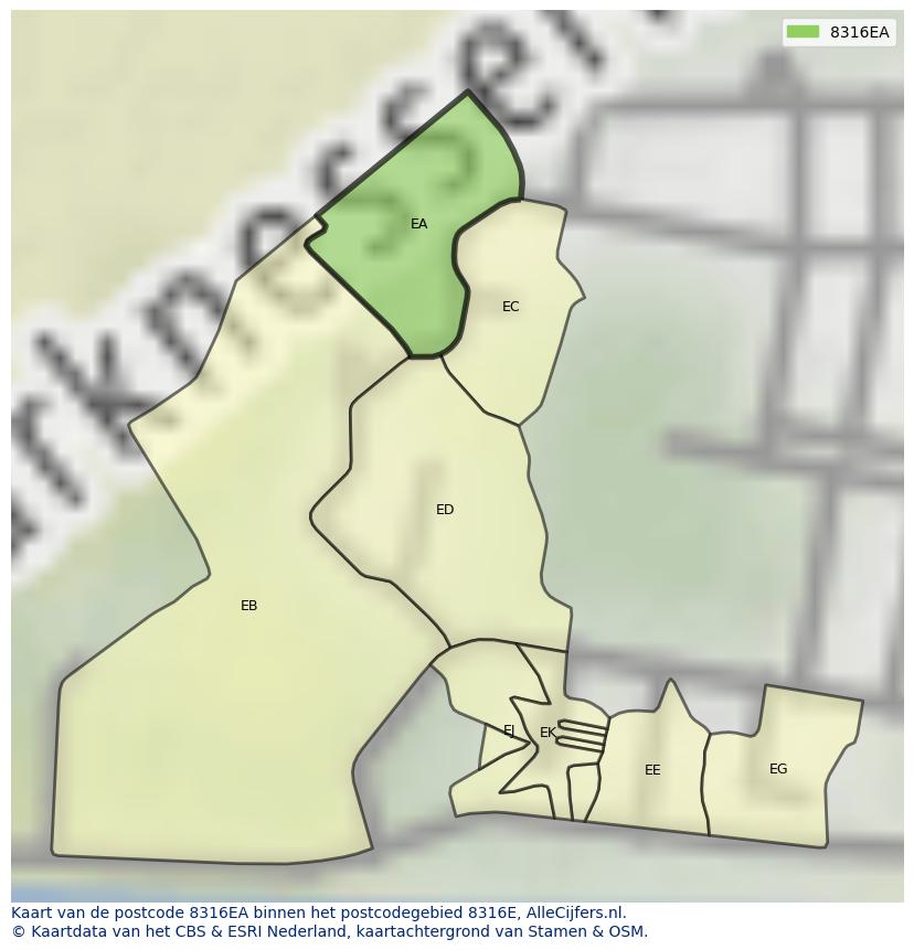 Afbeelding van het postcodegebied 8316 EA op de kaart.