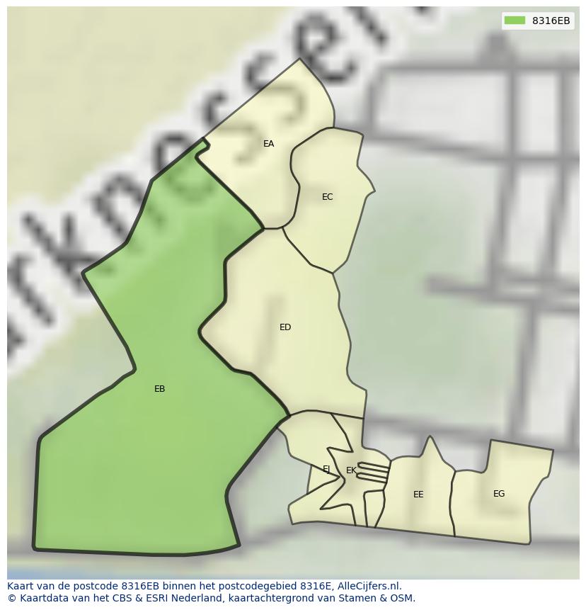 Afbeelding van het postcodegebied 8316 EB op de kaart.