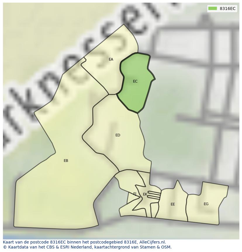 Afbeelding van het postcodegebied 8316 EC op de kaart.