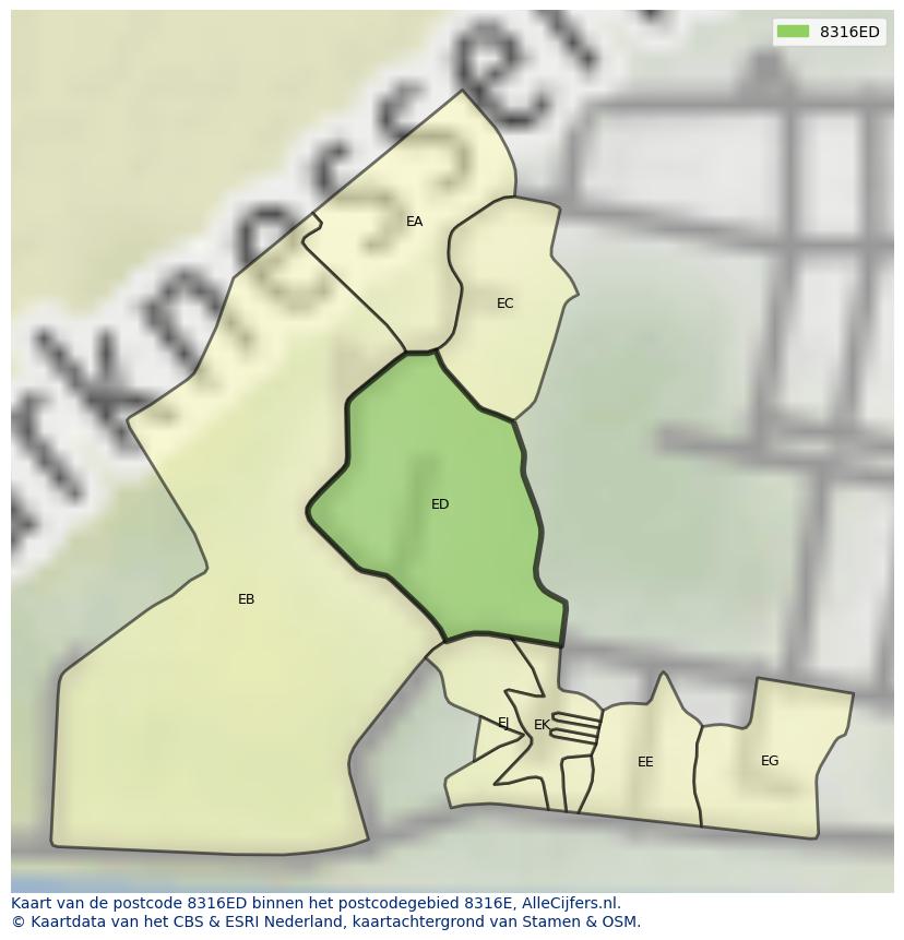 Afbeelding van het postcodegebied 8316 ED op de kaart.