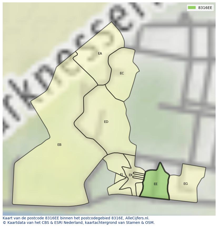 Afbeelding van het postcodegebied 8316 EE op de kaart.
