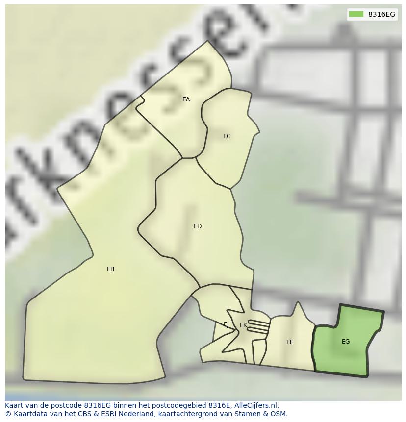 Afbeelding van het postcodegebied 8316 EG op de kaart.