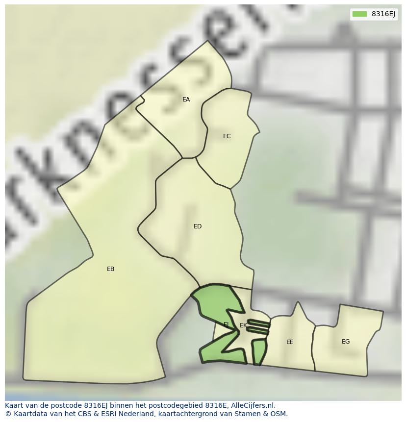 Afbeelding van het postcodegebied 8316 EJ op de kaart.