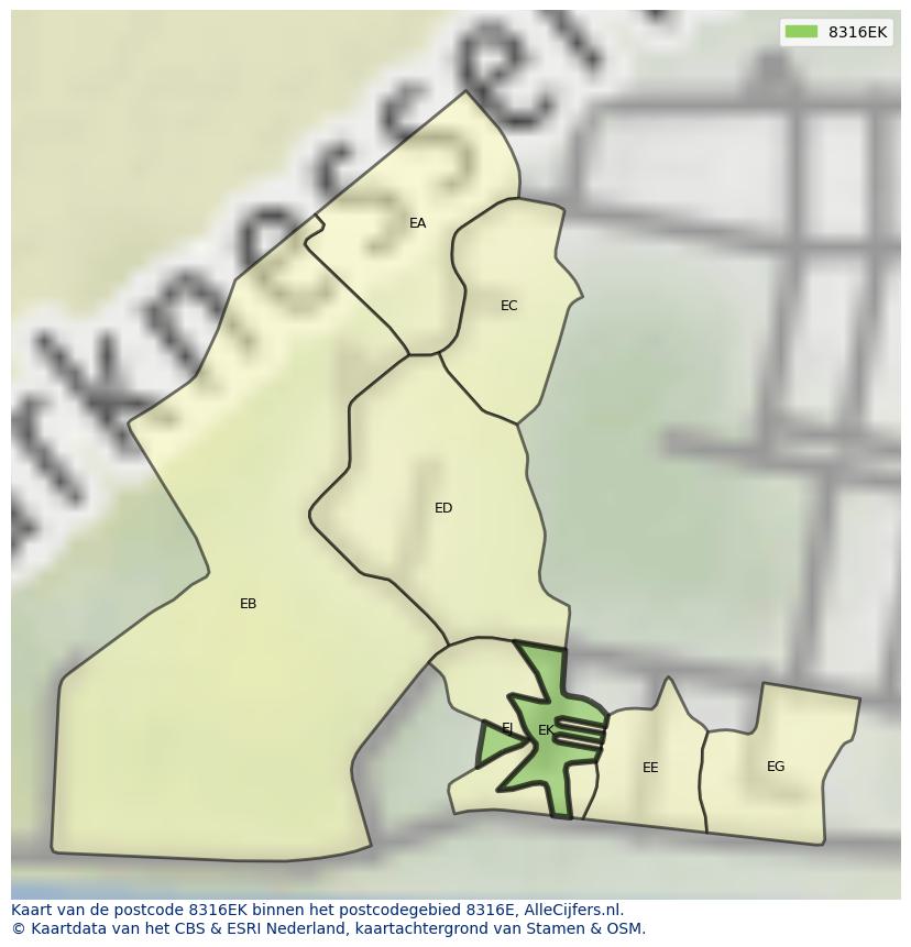 Afbeelding van het postcodegebied 8316 EK op de kaart.