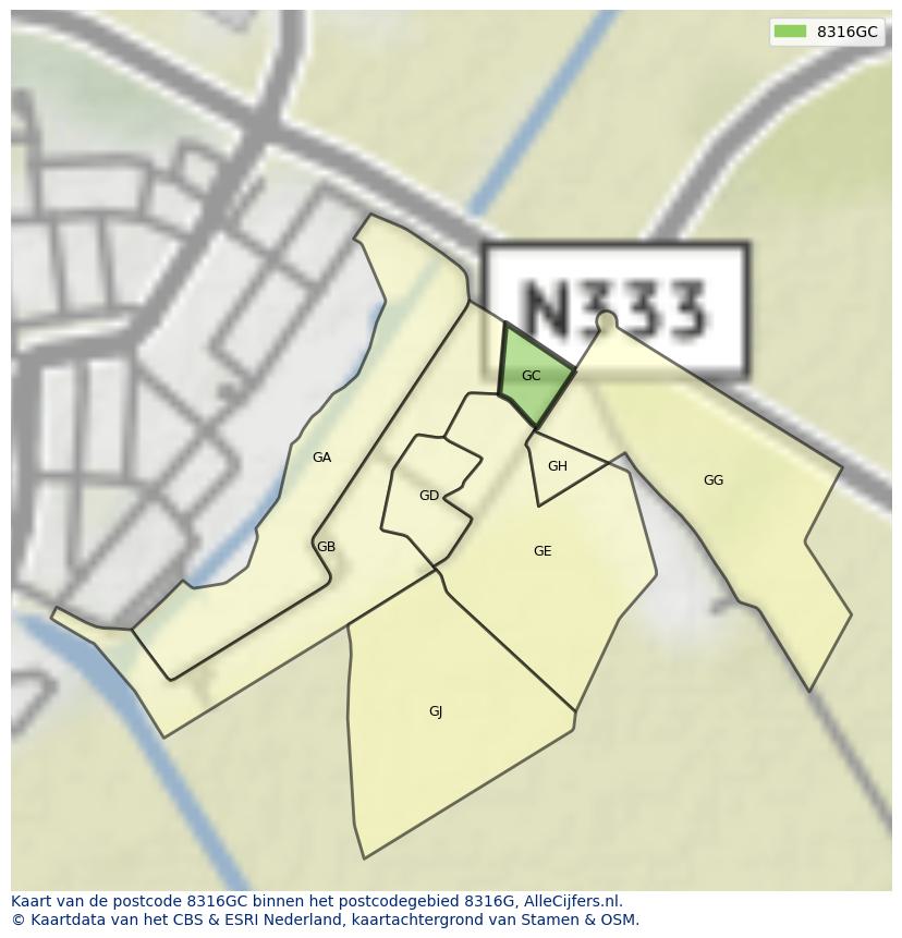 Afbeelding van het postcodegebied 8316 GC op de kaart.