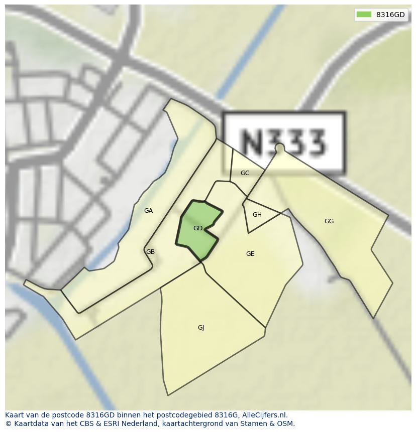 Afbeelding van het postcodegebied 8316 GD op de kaart.