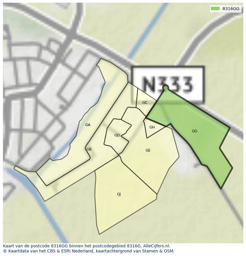 Afbeelding van het postcodegebied 8316 GG op de kaart.