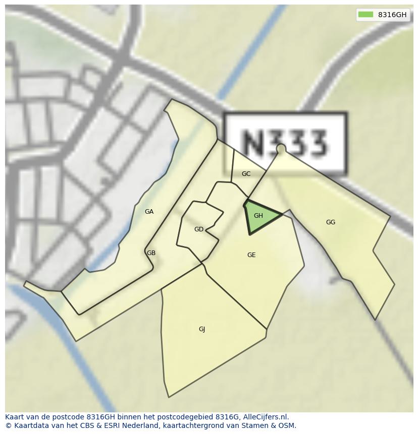 Afbeelding van het postcodegebied 8316 GH op de kaart.