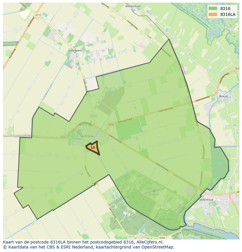 Afbeelding van het postcodegebied 8316 LA op de kaart.