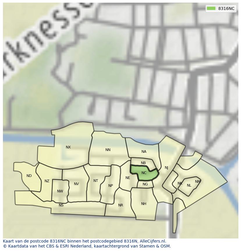 Afbeelding van het postcodegebied 8316 NC op de kaart.