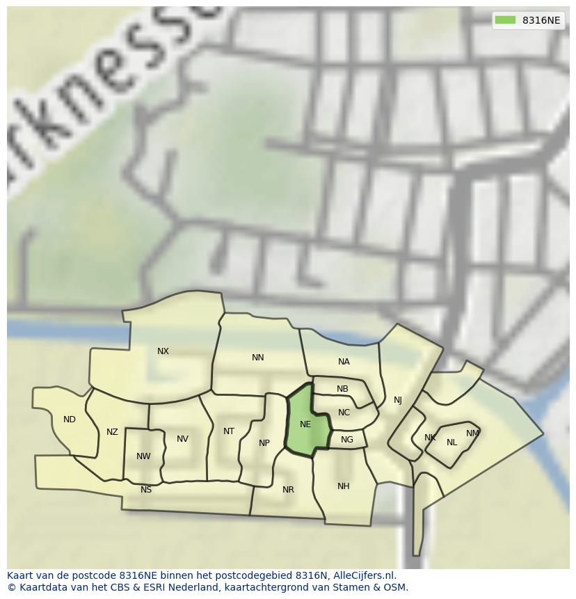 Afbeelding van het postcodegebied 8316 NE op de kaart.