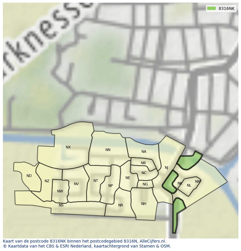 Afbeelding van het postcodegebied 8316 NK op de kaart.