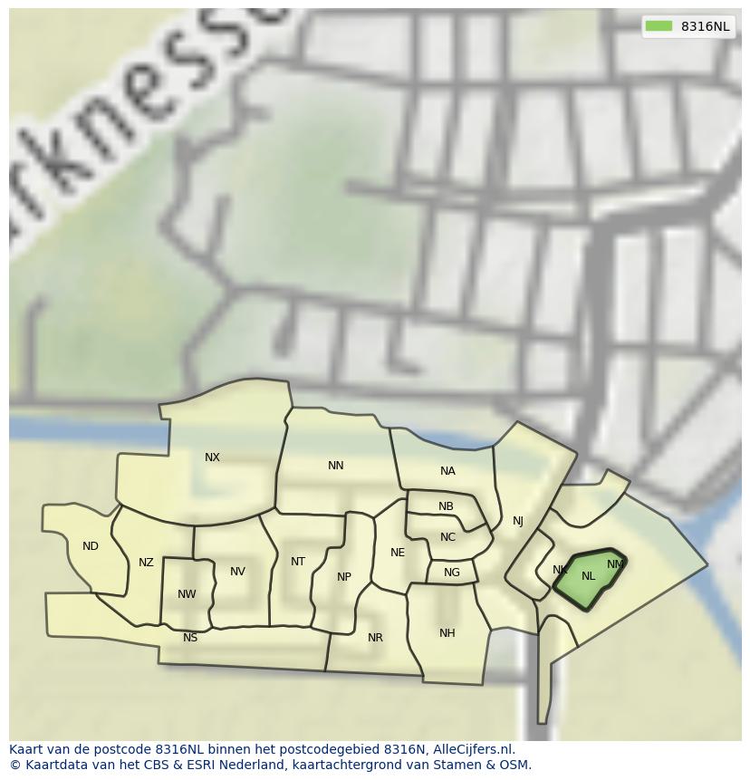 Afbeelding van het postcodegebied 8316 NL op de kaart.