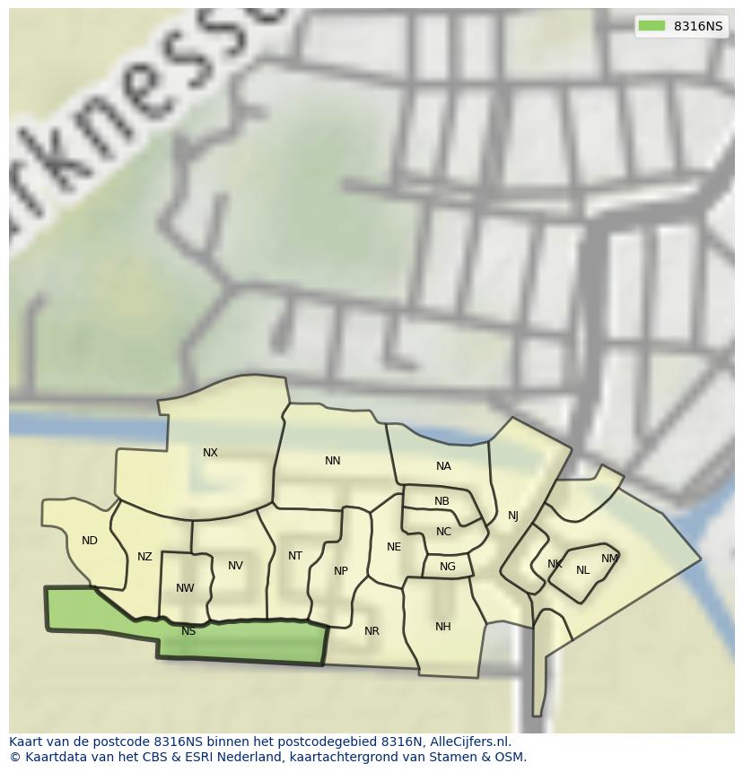 Afbeelding van het postcodegebied 8316 NS op de kaart.
