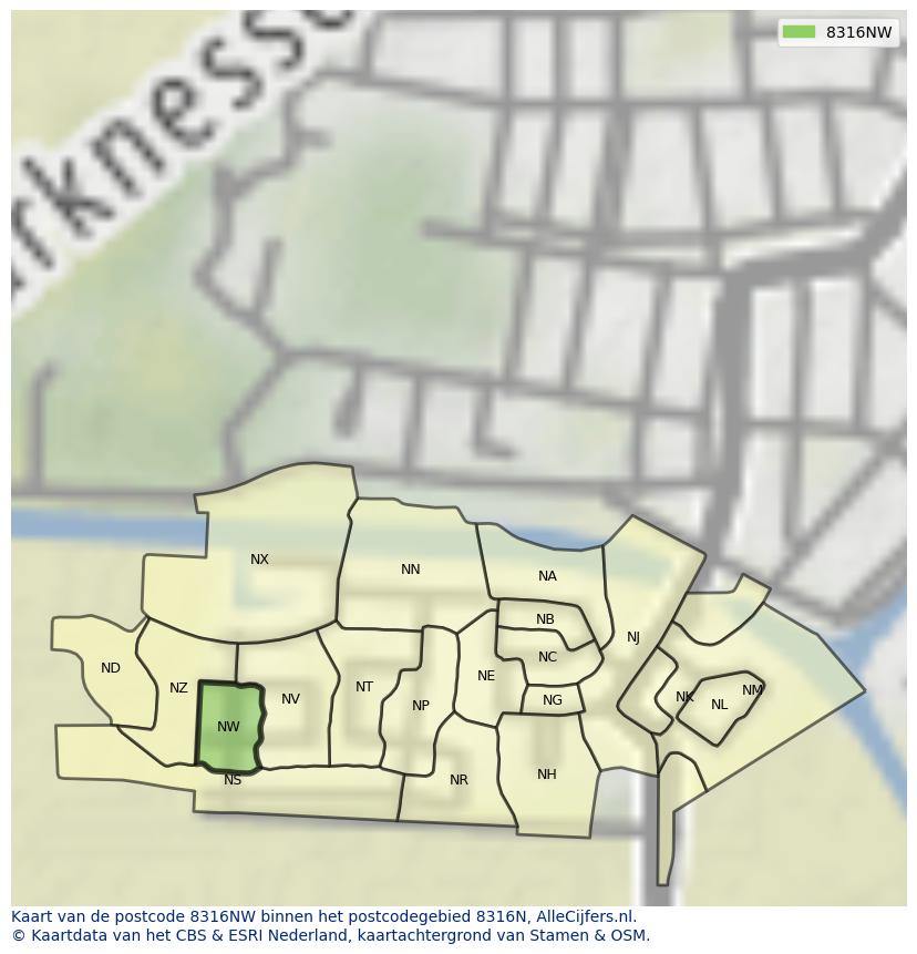 Afbeelding van het postcodegebied 8316 NW op de kaart.