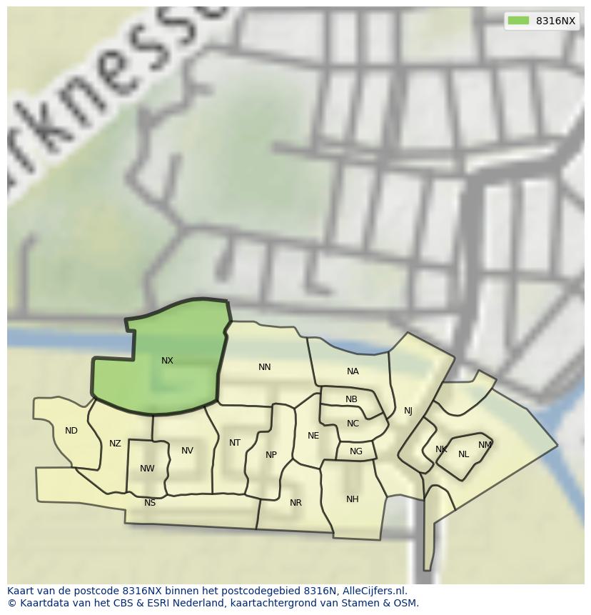 Afbeelding van het postcodegebied 8316 NX op de kaart.