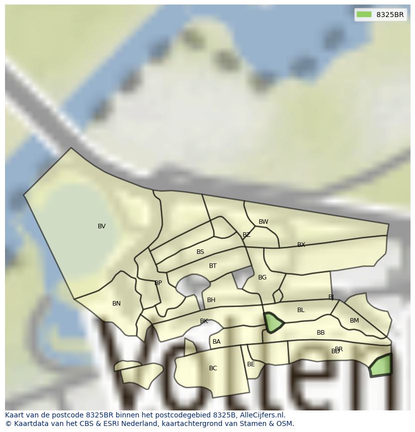 Afbeelding van het postcodegebied 8325 BR op de kaart.