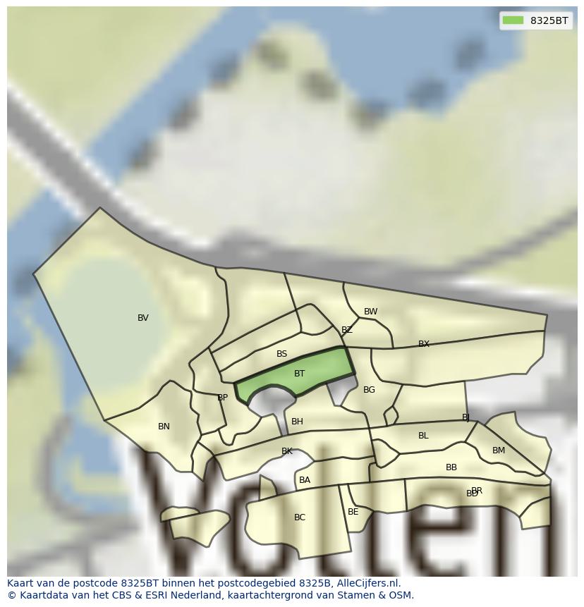 Afbeelding van het postcodegebied 8325 BT op de kaart.