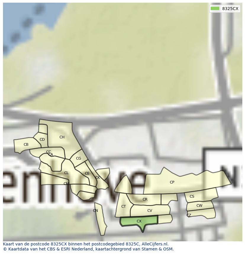 Afbeelding van het postcodegebied 8325 CX op de kaart.