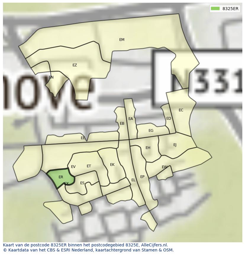 Afbeelding van het postcodegebied 8325 ER op de kaart.