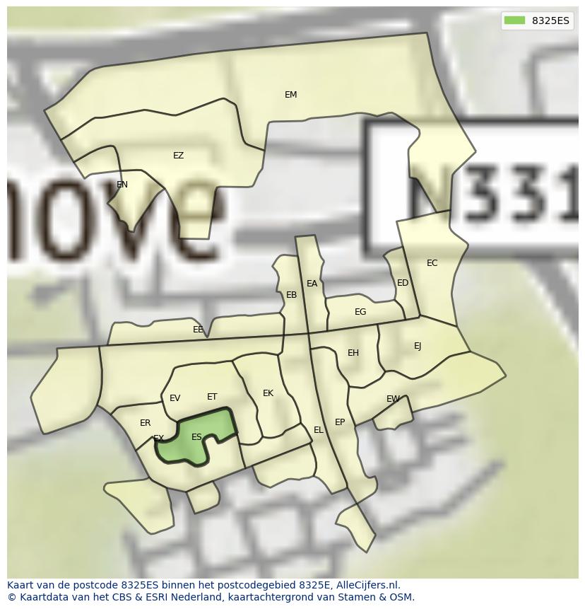 Afbeelding van het postcodegebied 8325 ES op de kaart.
